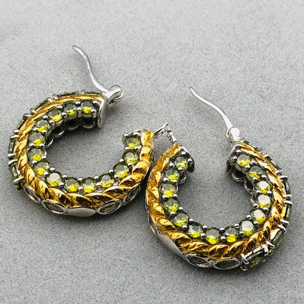 Karis Hoop Earrings Simulated Peridot Green Gold Tone Silver Tone Mixed Metal - Picture 4 of 10